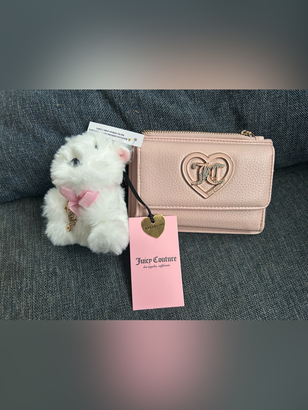 Juicy Couture Blush Pink Heart Logo Card Holder with Plush Charm